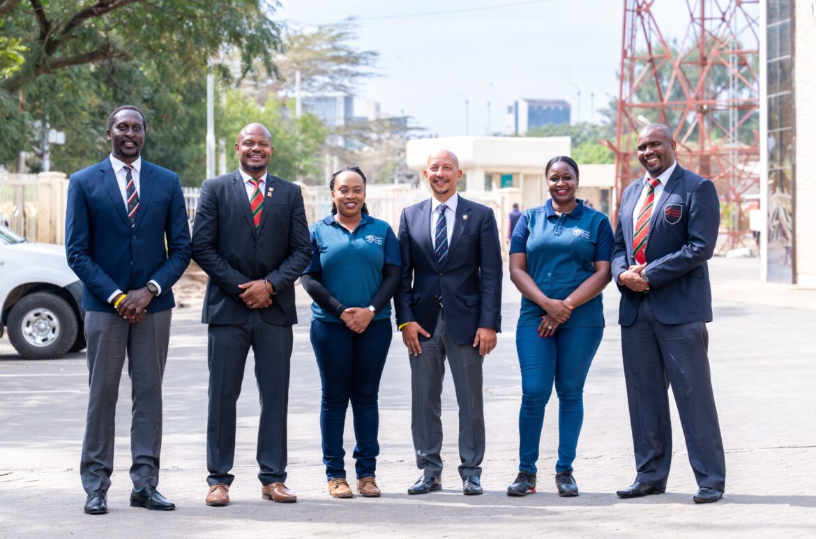 From Left : Former Rugby player, Humphrey Khayange, National 15s Squads Director, Moses Mukabane, KRU Commercial Director, Harriet Okach, KRU Chairman, Sasha Mutai, KRU DIrector, Alice Zawadi and KRU Vice chairman,Moses Ndale. Photo Credit: Arigi Obiero I KRU Media