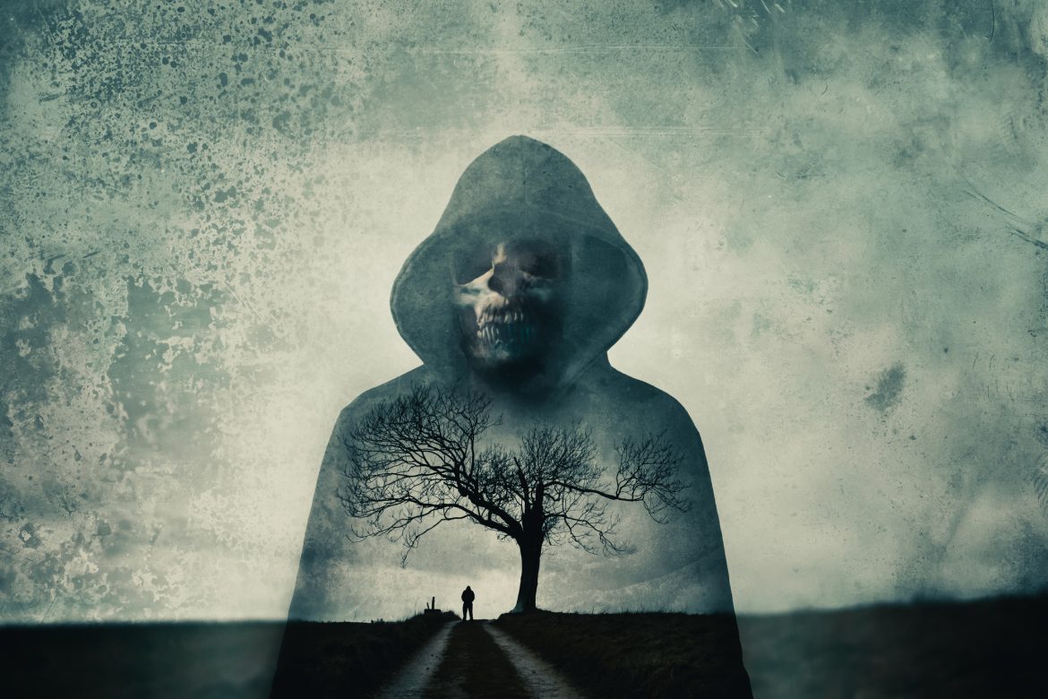 A double exposure of a hooded skull like demon. With the silhouette of a man by a tree. With a grunge edit Spells for nightmares