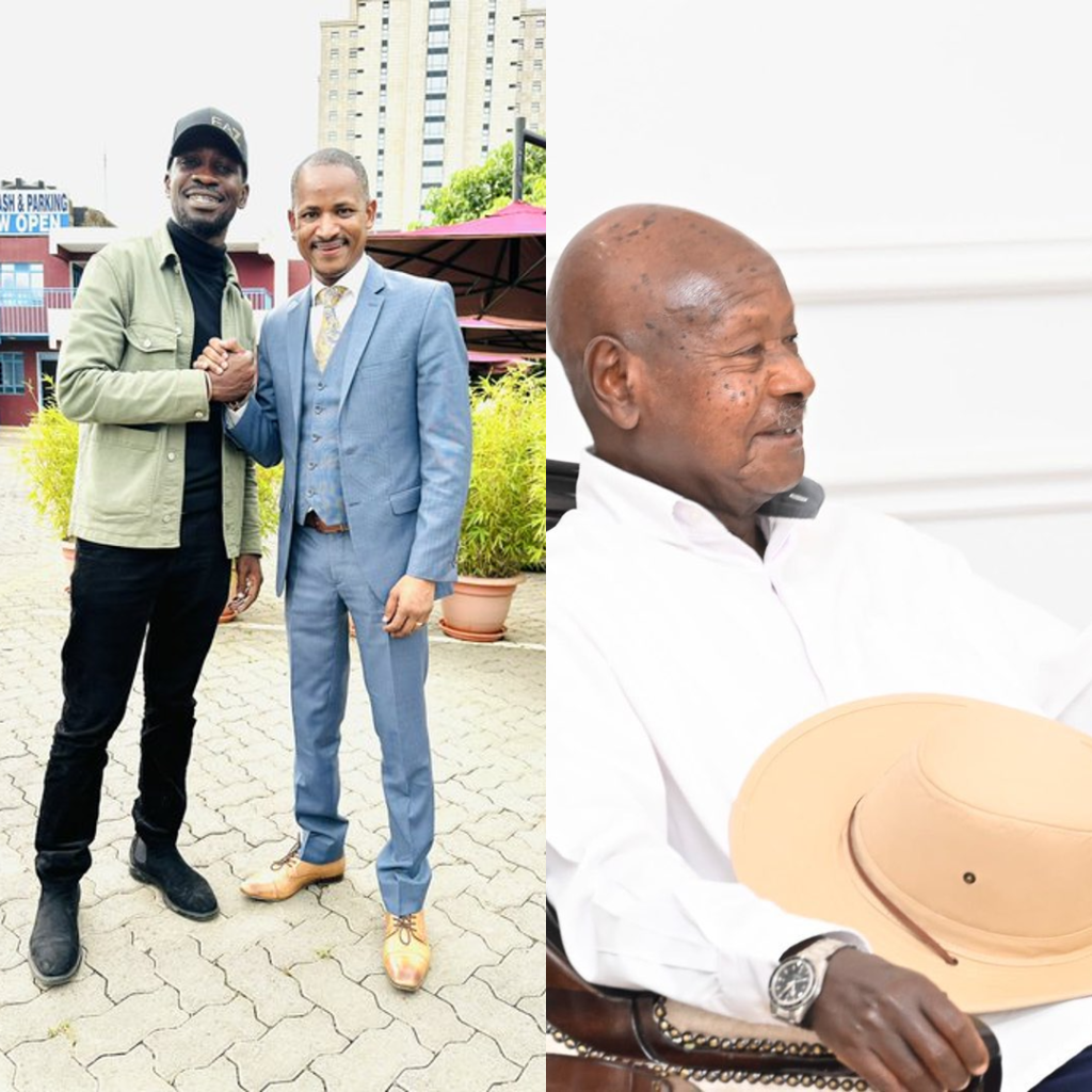 A collage of Bobbie Wine with Babu Owino, and Ugandan President Yoweri Museveni.