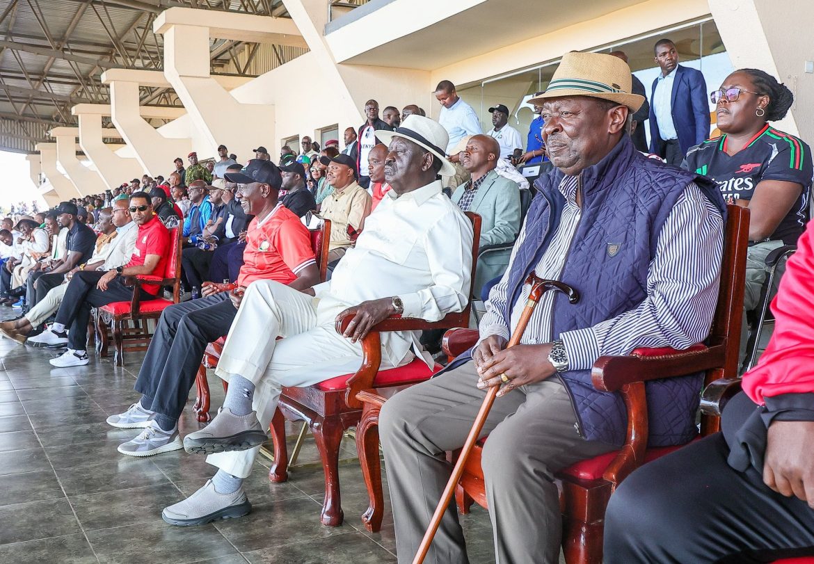 Prime Cabinet Secretary Musalia Mudavadi watching the Harambee Stars vs Gabon match at Nyayo Stadium in the company of Raila Odinga and President William Ruto. PHOTO/@MusaliaMudavadi/X