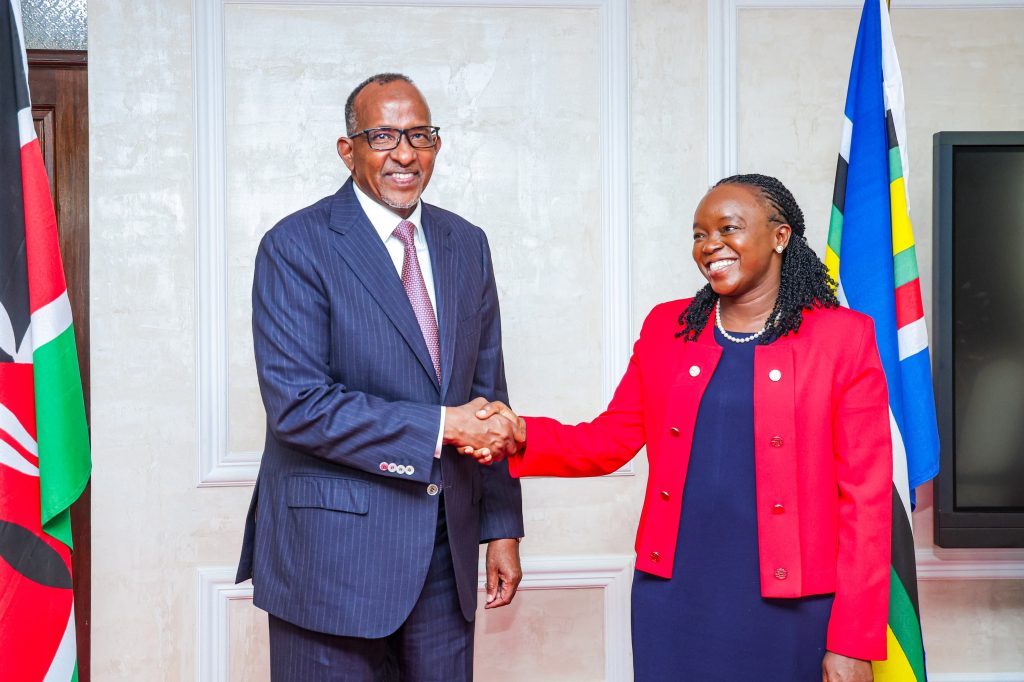 Health CS Aden Duale shakes hands with Environment CS Deborah Mulongo Barasa on Tuesday, April 1, 2025. PHOTO/@HonAdenDuale/X