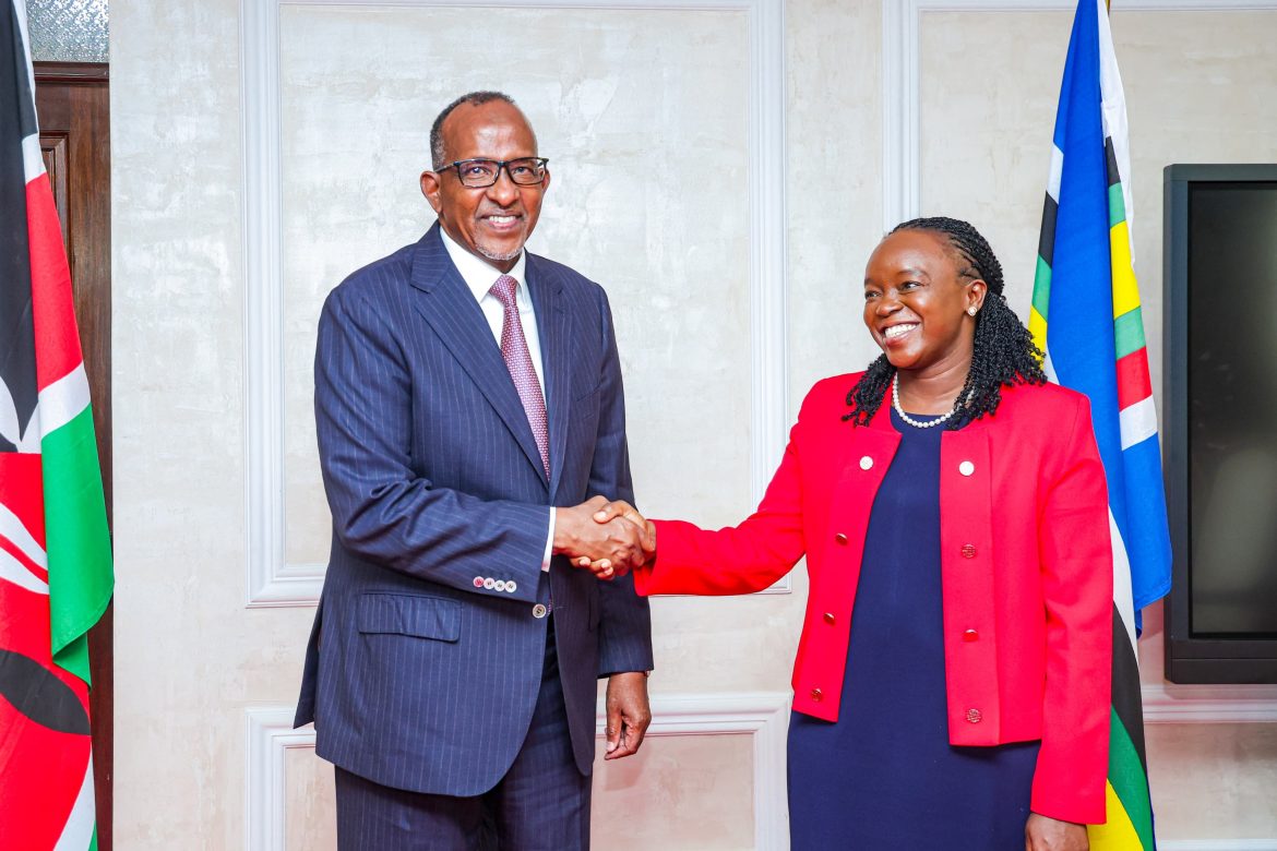 Duale with Deborah Health CS Aden Duale shakes hands with Environment CS Deborah Mulongo Barasa on Tuesday, April 1, 2025. PHOTO/@HonAdenDuale/X