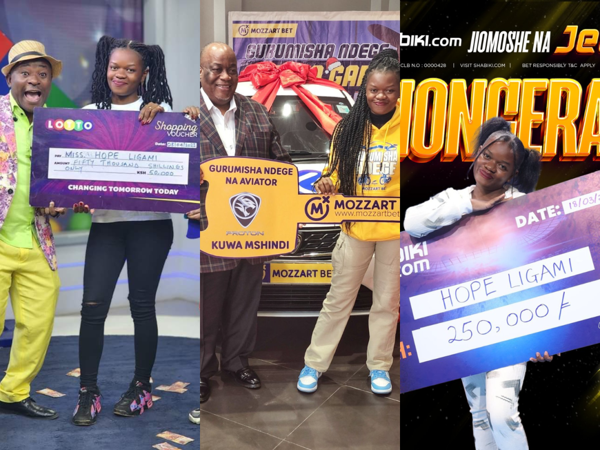 Hope Ligami posing with cheques from three different betting wins.