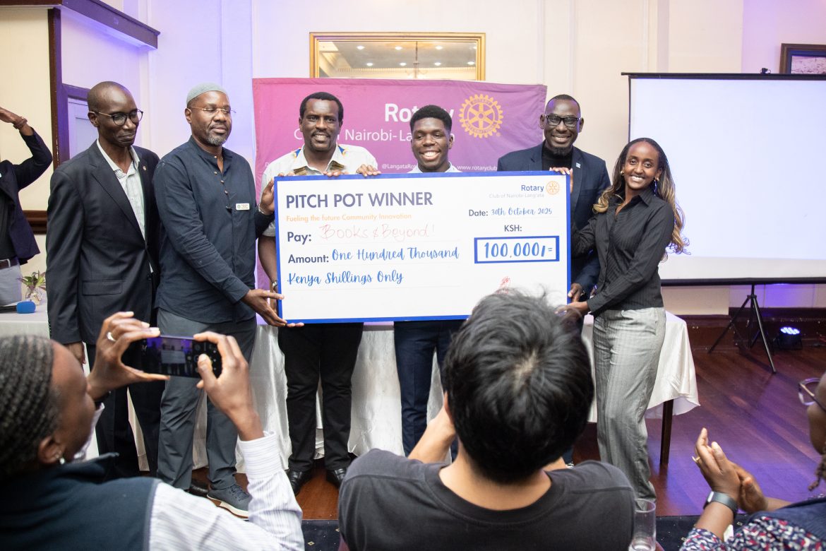 Machakos-based Library, Books & Beyond, receives an award for emerging overall winners of The Pitch Pot, a social impact competition by the Rotary Club of Lang'ata. Photo: RLC