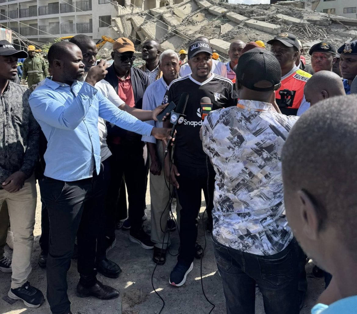 Lang'ata MP Phelix Odiwuor alias Jalang'o addressing the media after a 16-storey building collapsed in South C. PHOTO/Jalango Mwenyewe/Facebook