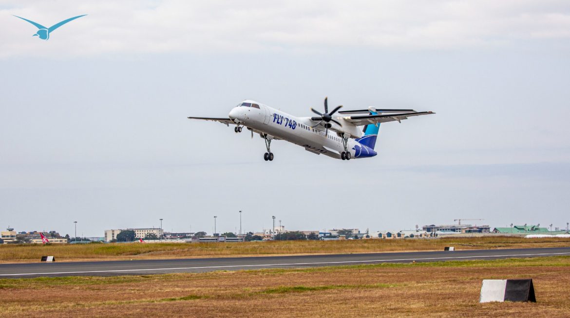 An airborne Fly 748 Air plane