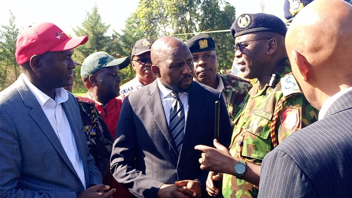 Deputy Inspector General of Police Eliud Lagat briefs Interior Cabinet Secretary, Kipchumba Murkomen and Basic Education Principal, Secretary Prof. Julius Bitok at Utumishi Girls Senior School in Gilgil, Nakuru County, where he has been coordinating rescue and recovery efforts following the dormitory fire. PHOTO/@PoliceKE/X