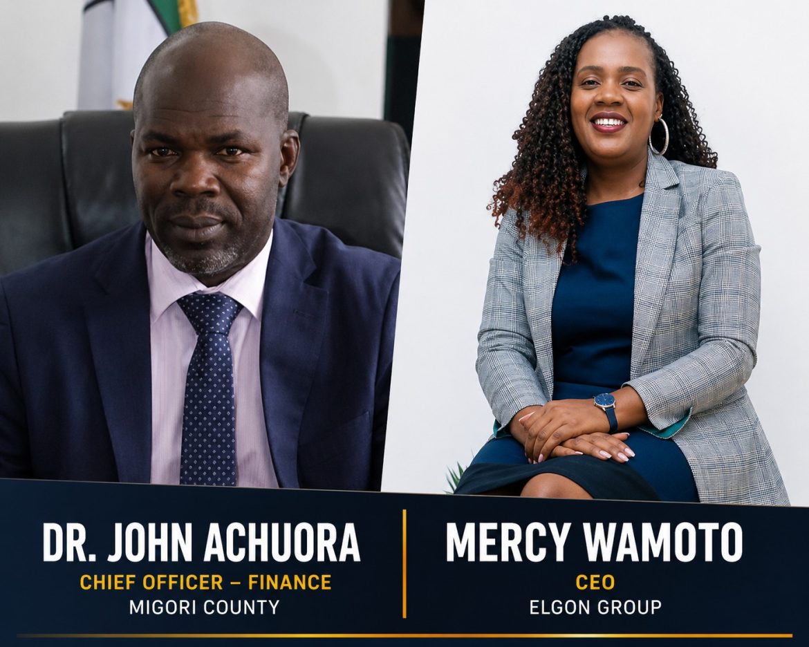 Migori County Chief Finance Officer John Achuora and Mercy Wamoto of Elgon Group